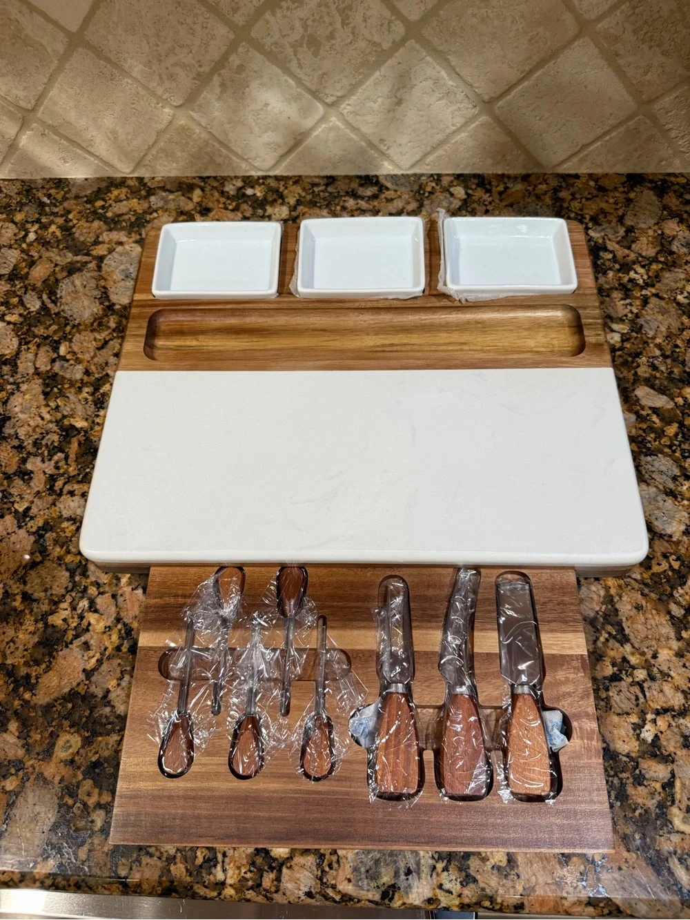 Wood & Marble Cheese Serving Board Set with White Ceramic Dishes